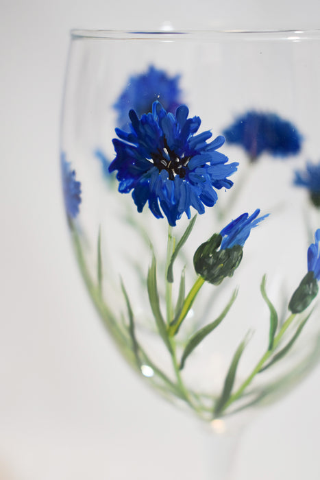 Bachelor Button Wine Glass Hand Painted