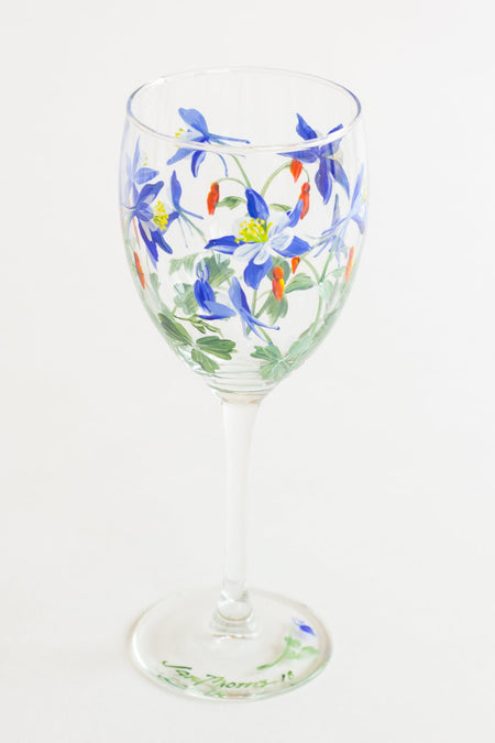 Blue Columbine Hand Painted Wine Glass