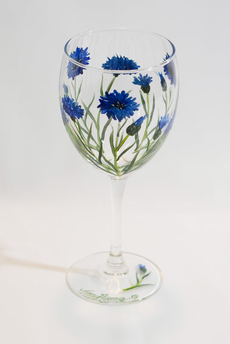 Bachelor Button Wine Glass Hand Painted
