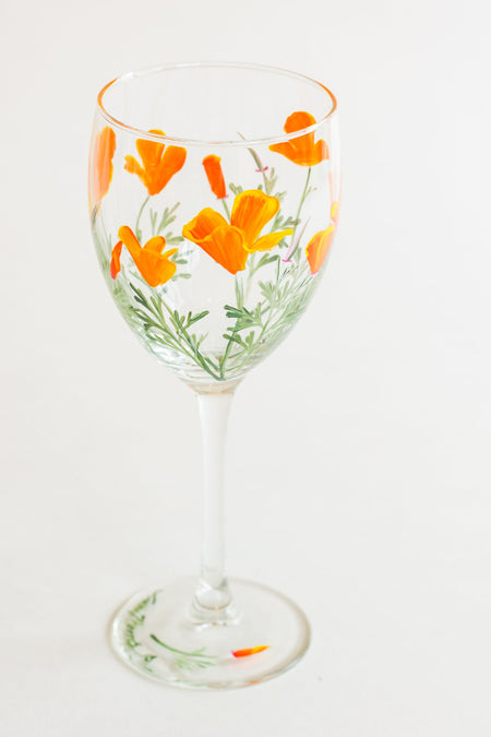 California Poppy Hand Painted Wine Glass