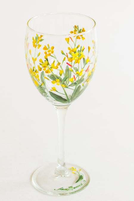Mustard Flower Painted Wine Glass