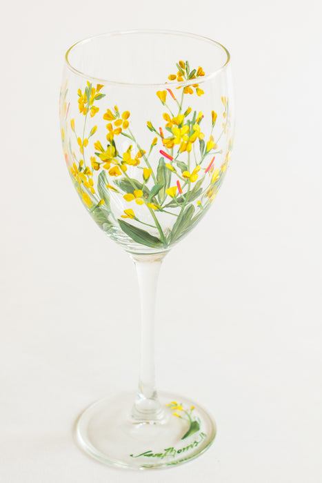 Mustard Flower Painted Wine Glass
