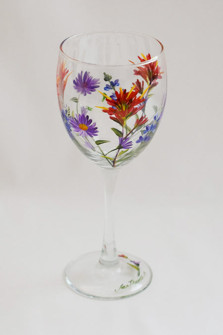 Tahoe Wild Flowers Wine Glass Hand Painted